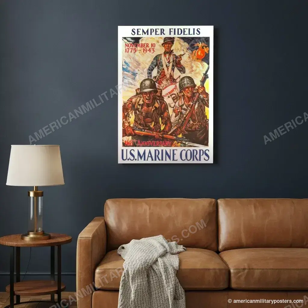 Semper Fidelis poster, unframed print on a navy living room wall above a leather sofa