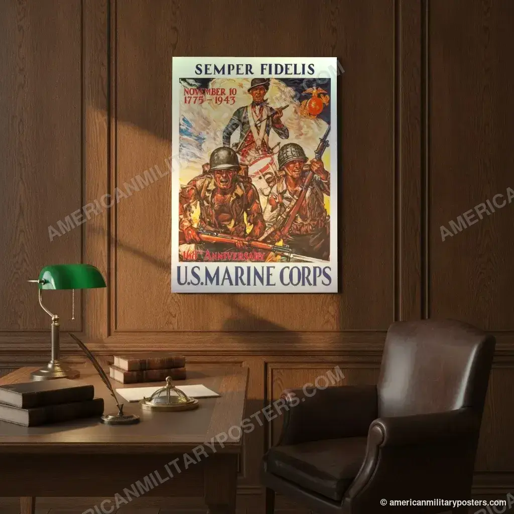Semper Fidelis poster, unframed print on an oak-panelled study wall above a desk