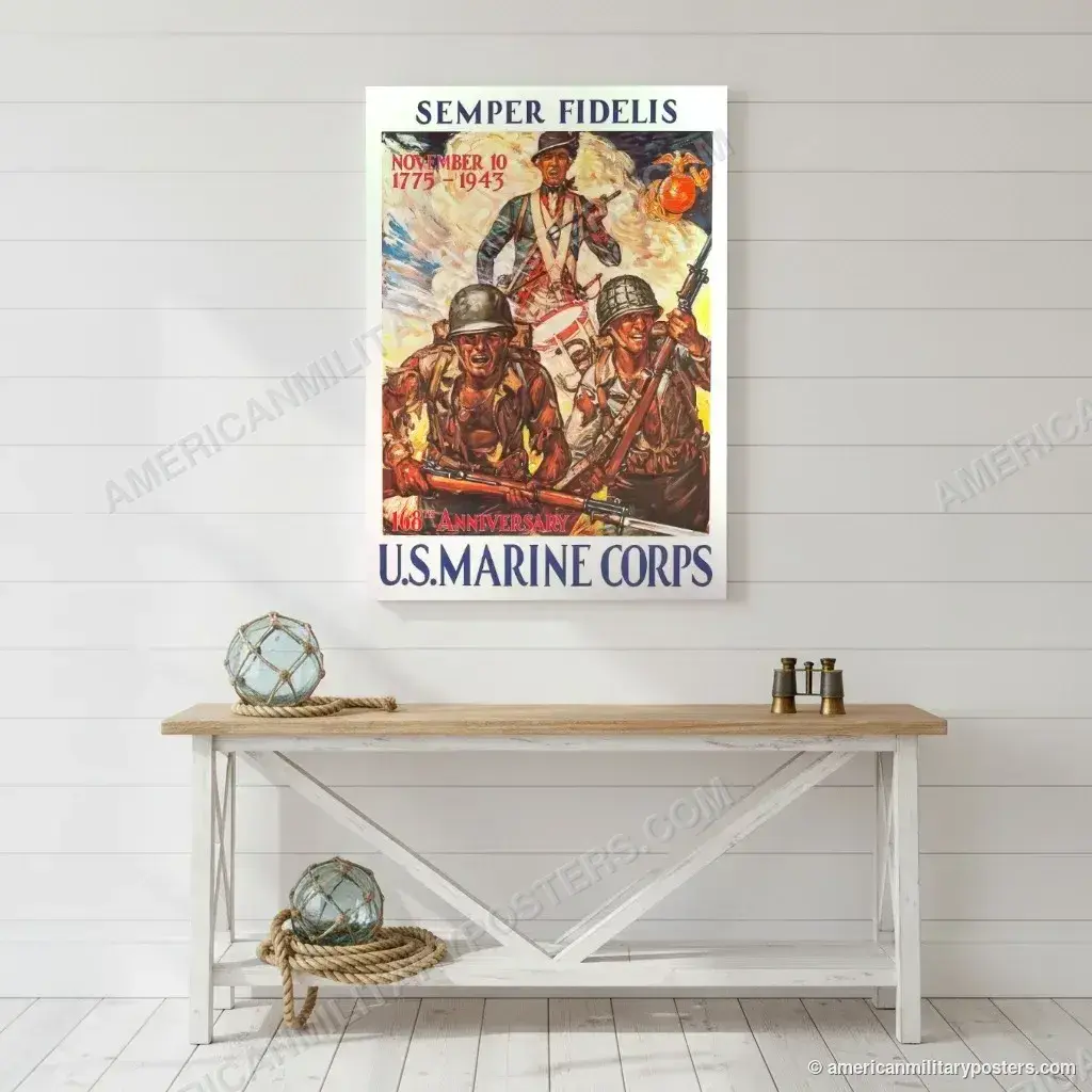 Semper Fidelis poster, unframed print on a white shiplap wall in a coastal hallway