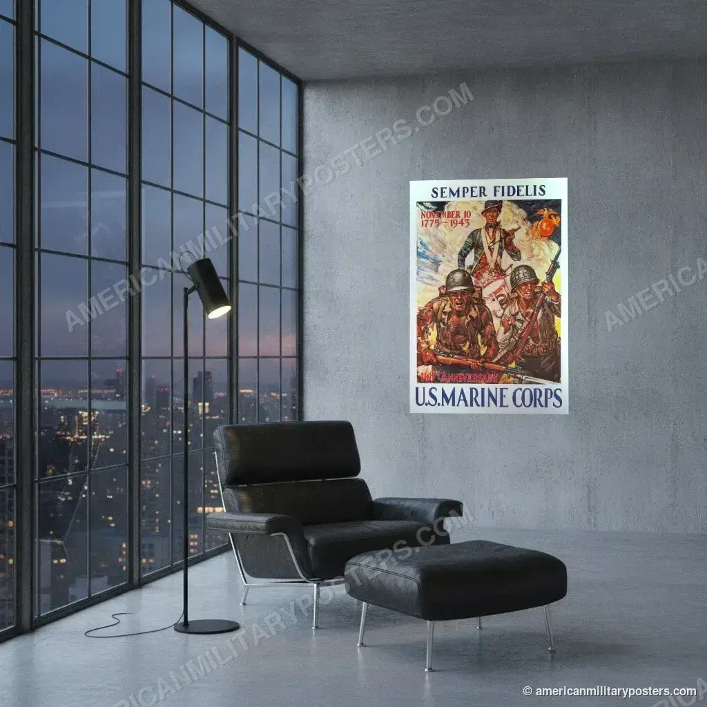 Semper Fidelis poster, unframed print on a concrete wall in a city loft
