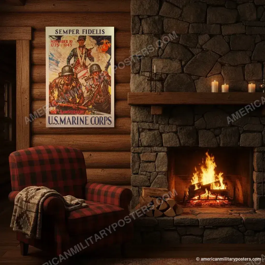 Semper Fidelis poster, unframed print on a log cabin wall beside a fireplace