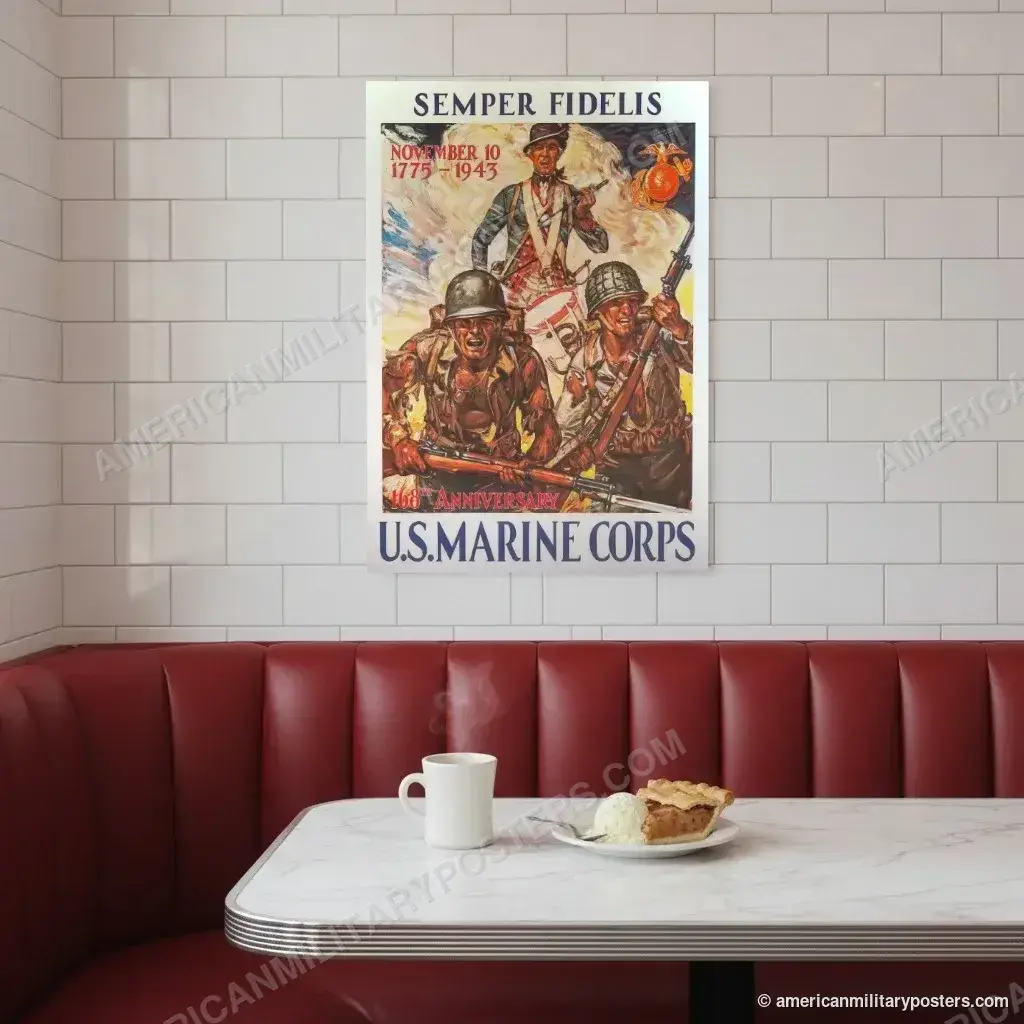 Semper Fidelis poster, unframed print on a tiled wall above a retro diner booth