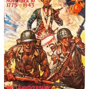 Semper Fidelis 1943 U.S. Marine Corps 168th anniversary poster by Carl Shreve, restored: a Revolutionary War drummer above two charging WWII Marines