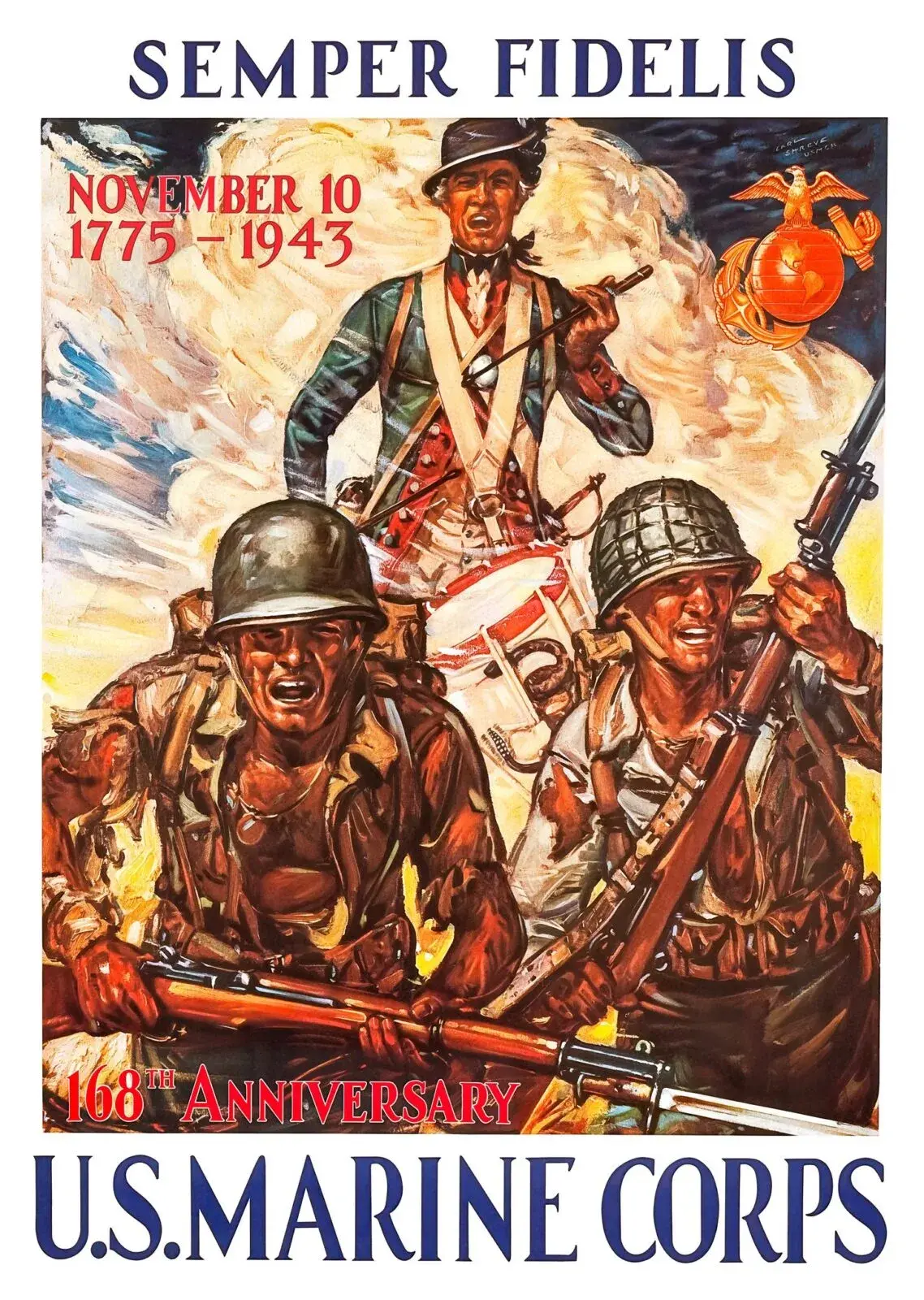 Semper Fidelis 1943 U.S. Marine Corps 168th anniversary poster by Carl Shreve, restored: a Revolutionary War drummer above two charging WWII Marines