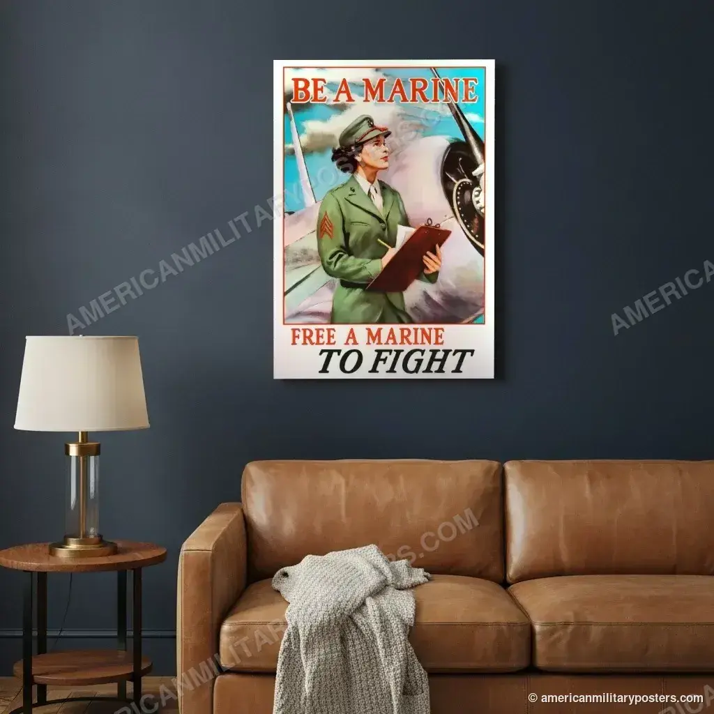Be a Marine: Free a Marine to Fight poster, unframed print on a navy living room wall above a leather sofa