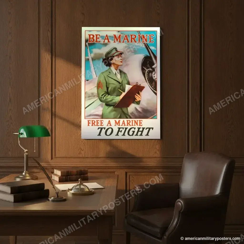 Be a Marine: Free a Marine to Fight poster, unframed print on an oak-panelled study wall above a desk