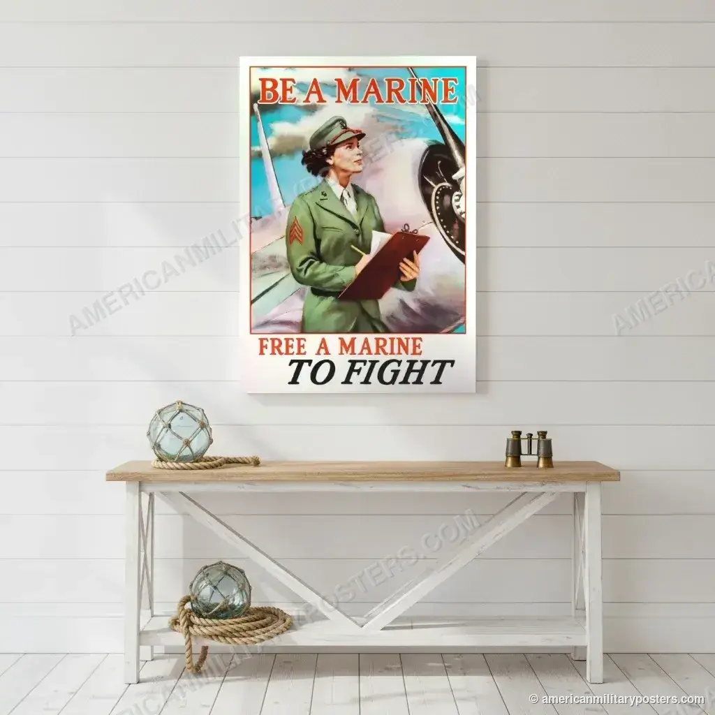 Be a Marine: Free a Marine to Fight poster, unframed print on a white shiplap wall in a coastal hallway