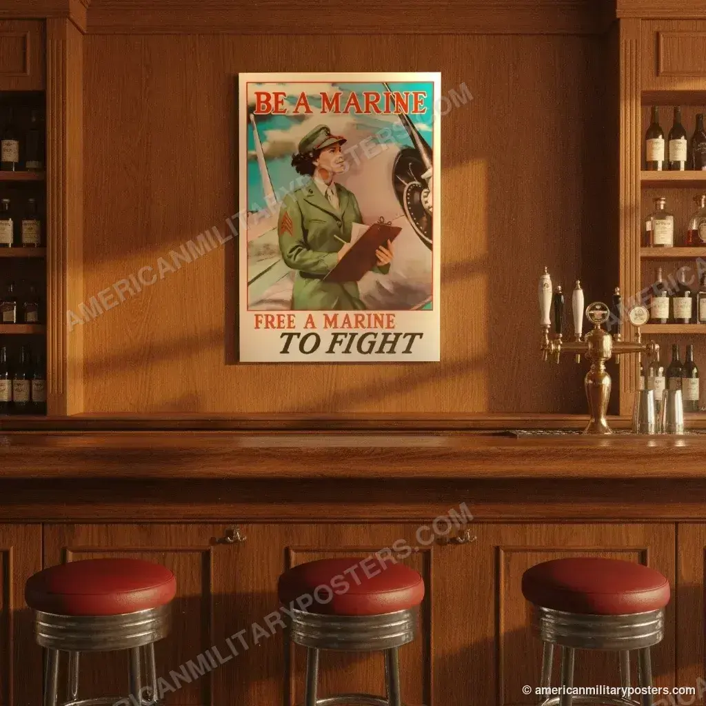 Be a Marine: Free a Marine to Fight poster, unframed print on the wall of a classic American bar