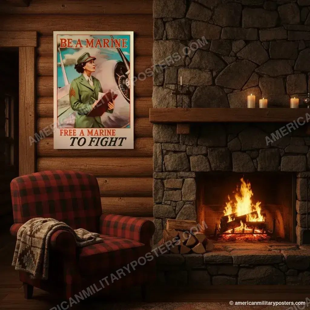 Be a Marine: Free a Marine to Fight poster, unframed print on a log cabin wall beside a fireplace