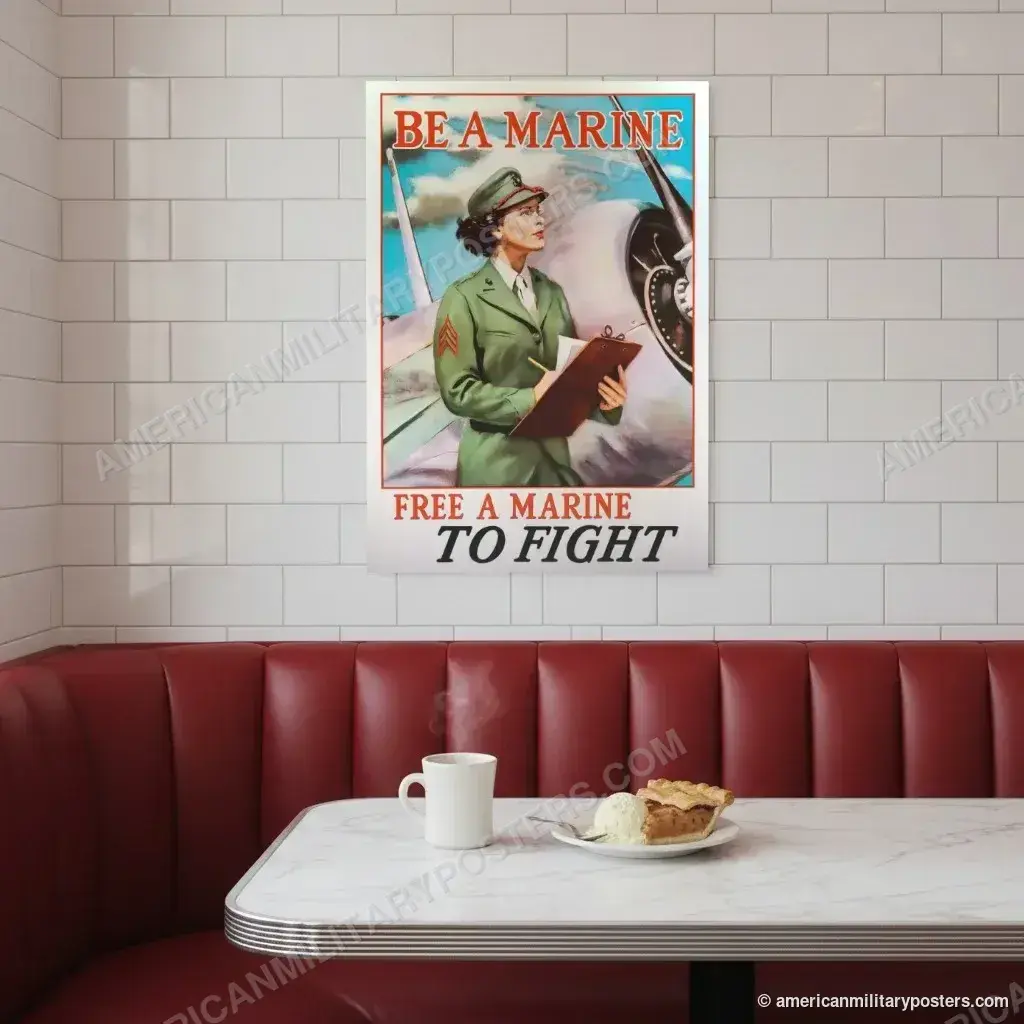 Be a Marine: Free a Marine to Fight poster, unframed print on a tiled wall above a retro diner booth