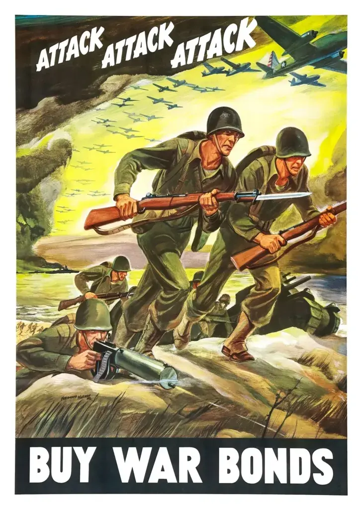 Attack Attack Attack, Buy War Bonds (1942) WWII poster by Ferdinand Warren, restored