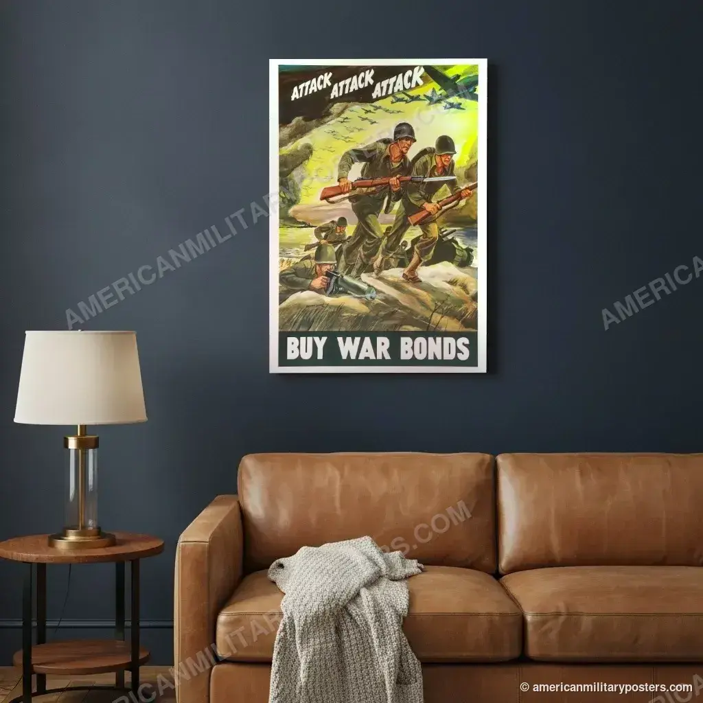 Attack Attack Attack: Buy War Bonds poster, unframed print on a navy living room wall above a leather sofa