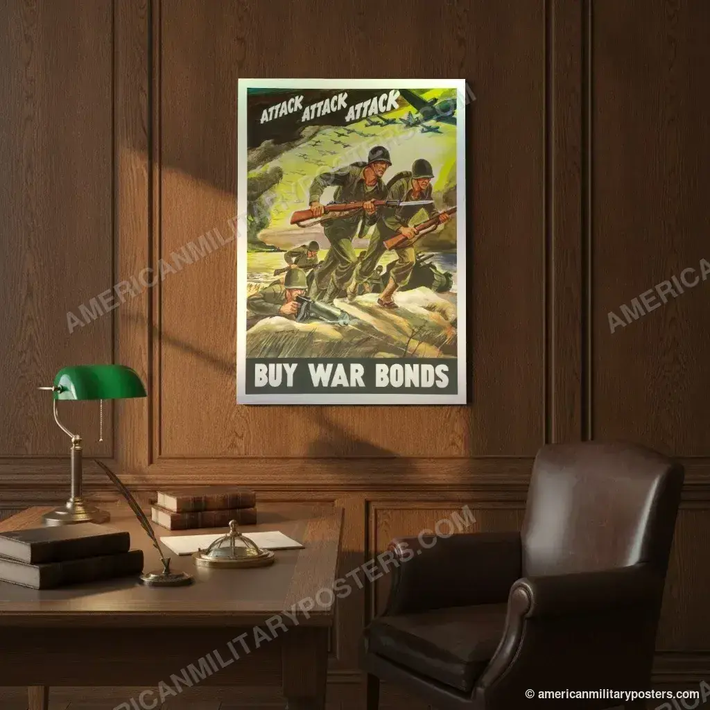 Attack Attack Attack: Buy War Bonds poster, unframed print on an oak-panelled study wall above a desk