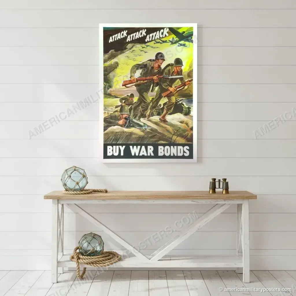 Attack Attack Attack: Buy War Bonds poster, unframed print on a white shiplap wall in a coastal hallway