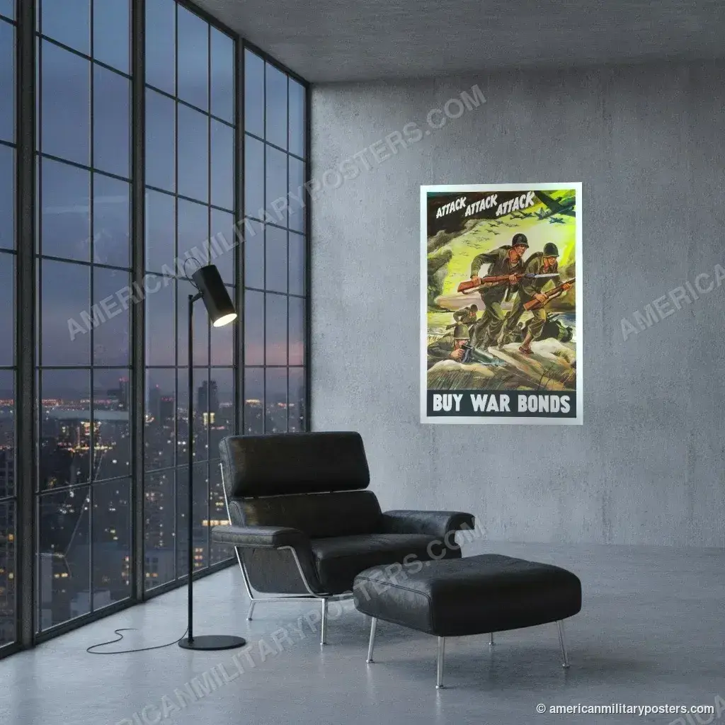 Attack Attack Attack: Buy War Bonds poster, unframed print on a concrete wall in a city loft