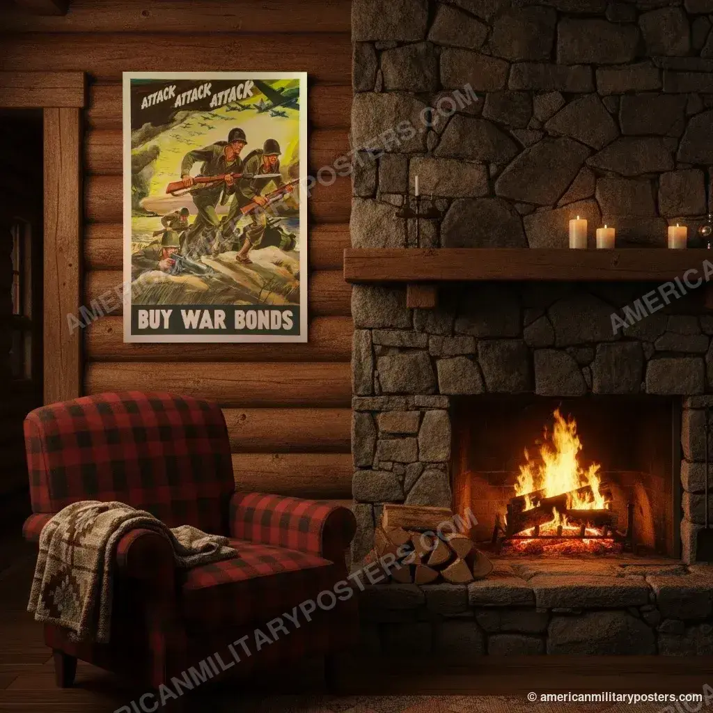 Attack Attack Attack: Buy War Bonds poster, unframed print on a log cabin wall beside a fireplace