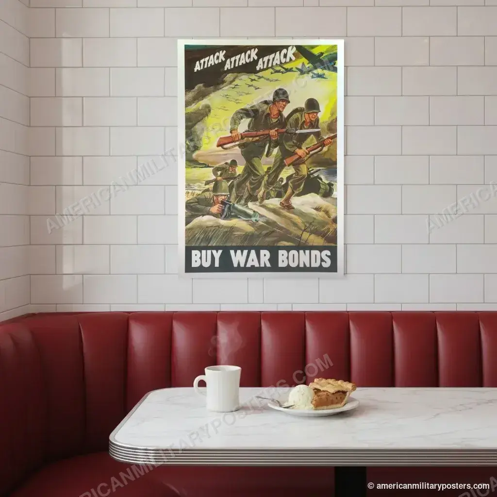 Attack Attack Attack: Buy War Bonds poster, unframed print on a tiled wall above a retro diner booth