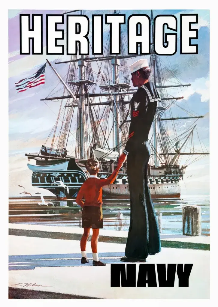 Navy Heritage poster by Lou Nolan: a Navy sailor holds a boy’s hand on a pier facing USS Constitution