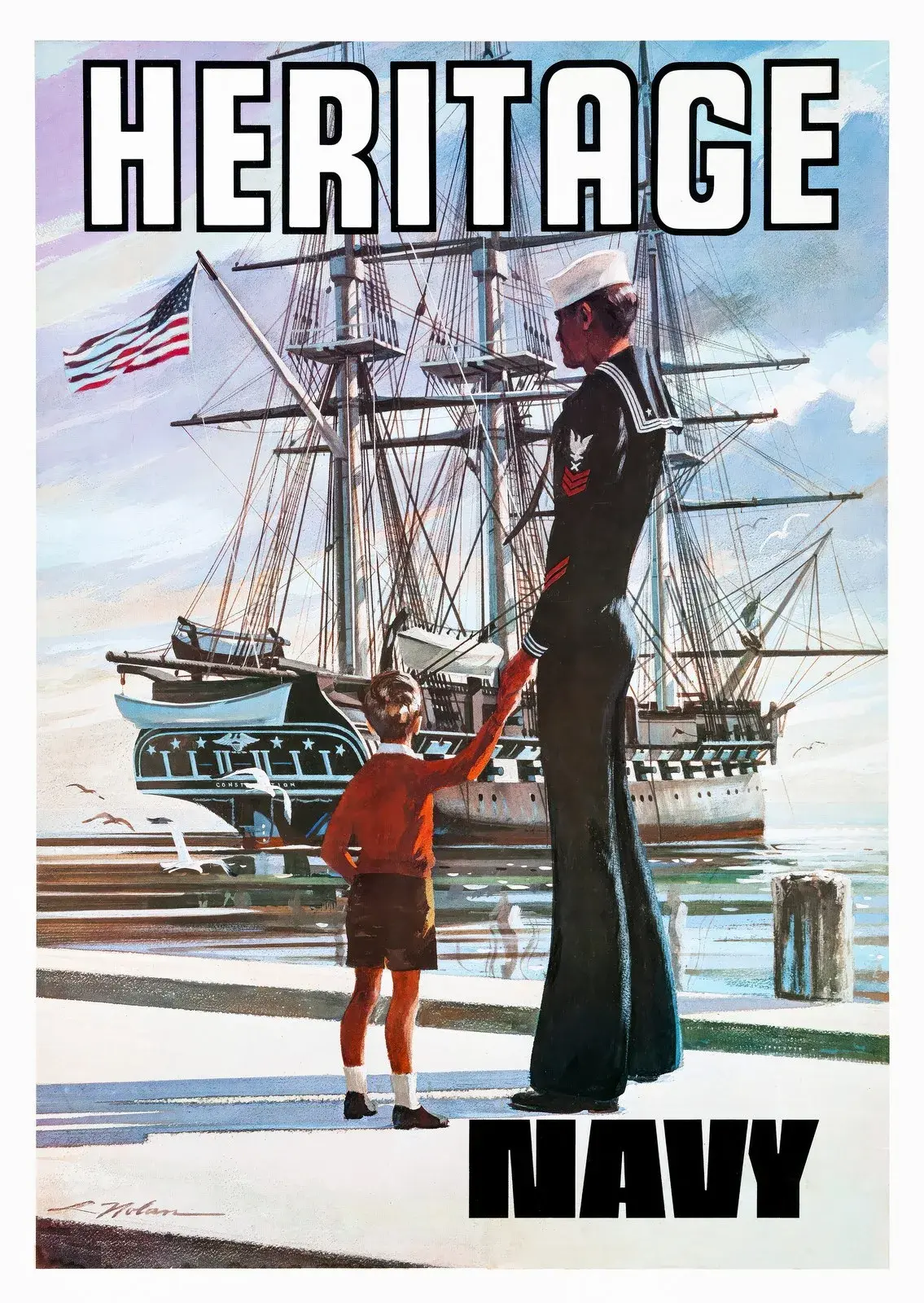 Navy Heritage poster by Lou Nolan: a Navy sailor holds a boy’s hand on a pier facing USS Constitution