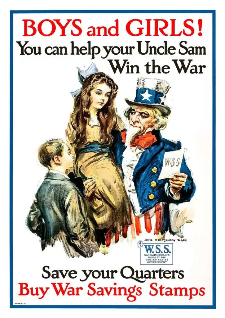 Boys and Girls! Buy War Savings Stamps (c. 1917-18) WWI poster by James Montgomery Flagg, restored