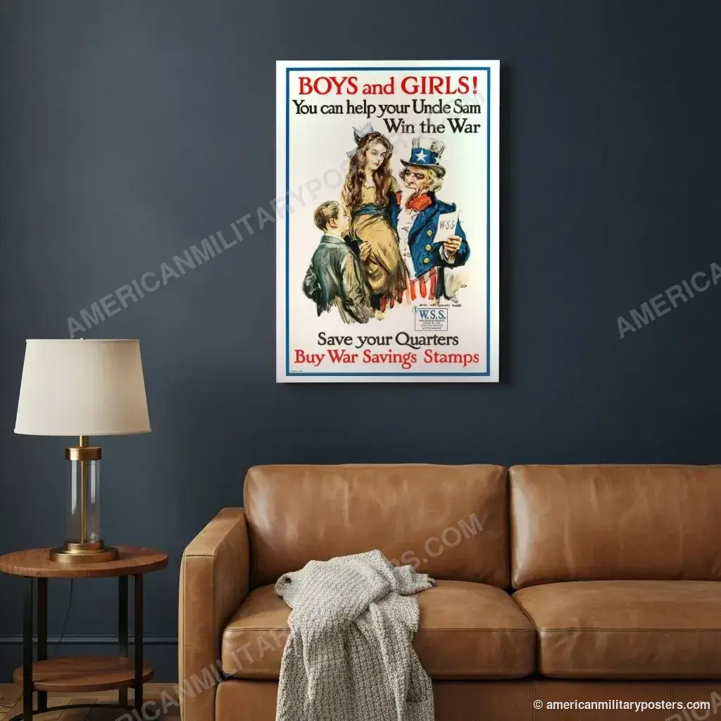 Boys and Girls! Buy War Savings Stamps poster, unframed print on a navy living room wall above a leather sofa