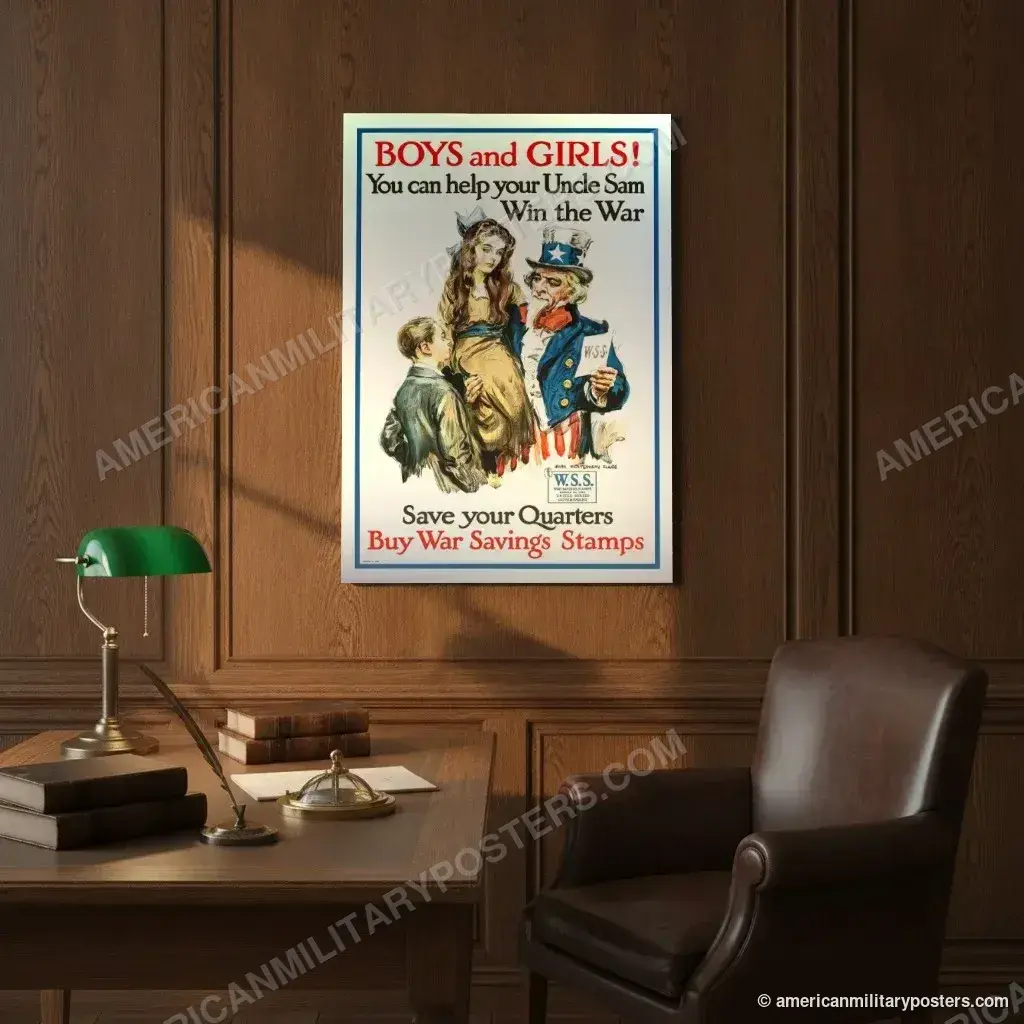Boys and Girls! Buy War Savings Stamps poster, unframed print on an oak-panelled study wall above a desk
