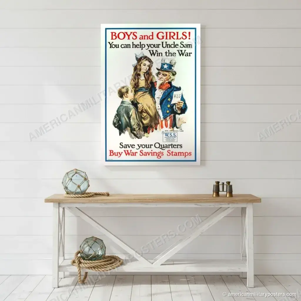 Boys and Girls! Buy War Savings Stamps poster, unframed print on a white shiplap wall in a coastal hallway