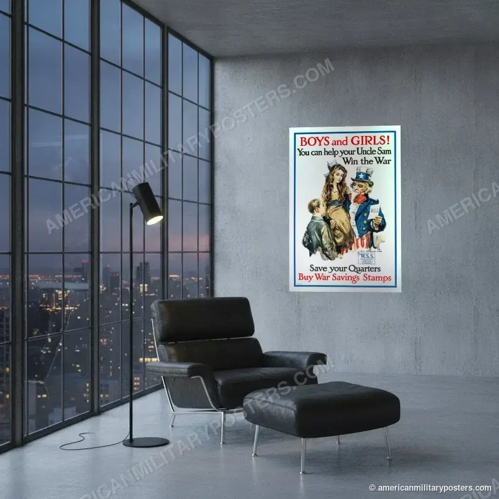 Boys and Girls! Buy War Savings Stamps poster, unframed print on a concrete wall in a city loft