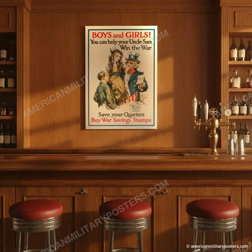 Boys and Girls! Buy War Savings Stamps poster, unframed print on the wall of a classic American bar