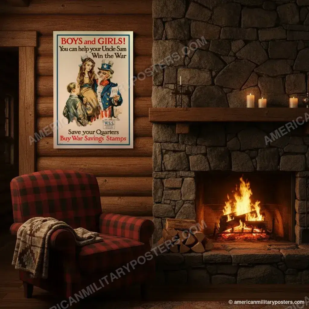 Boys and Girls! Buy War Savings Stamps poster, unframed print on a log cabin wall beside a fireplace