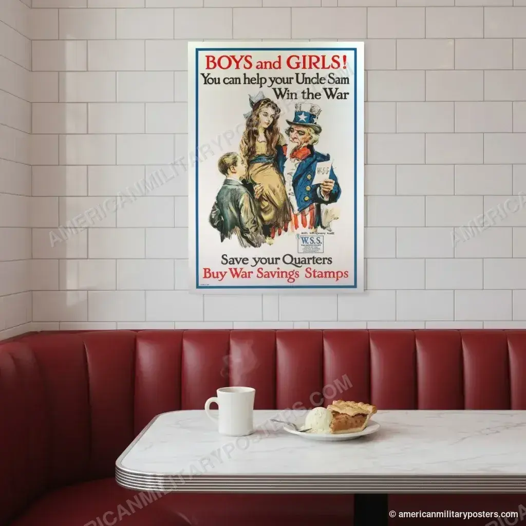 Boys and Girls! Buy War Savings Stamps poster, unframed print on a tiled wall above a retro diner booth