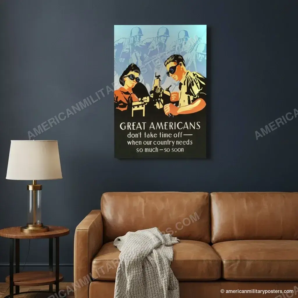 Great Americans Don’t Take Time Off poster, unframed print on a navy living room wall above a leather sofa