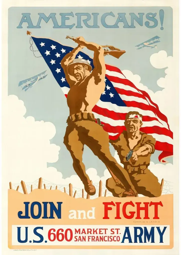 Original Americans! Join and Fight poster before restoration, archival scan