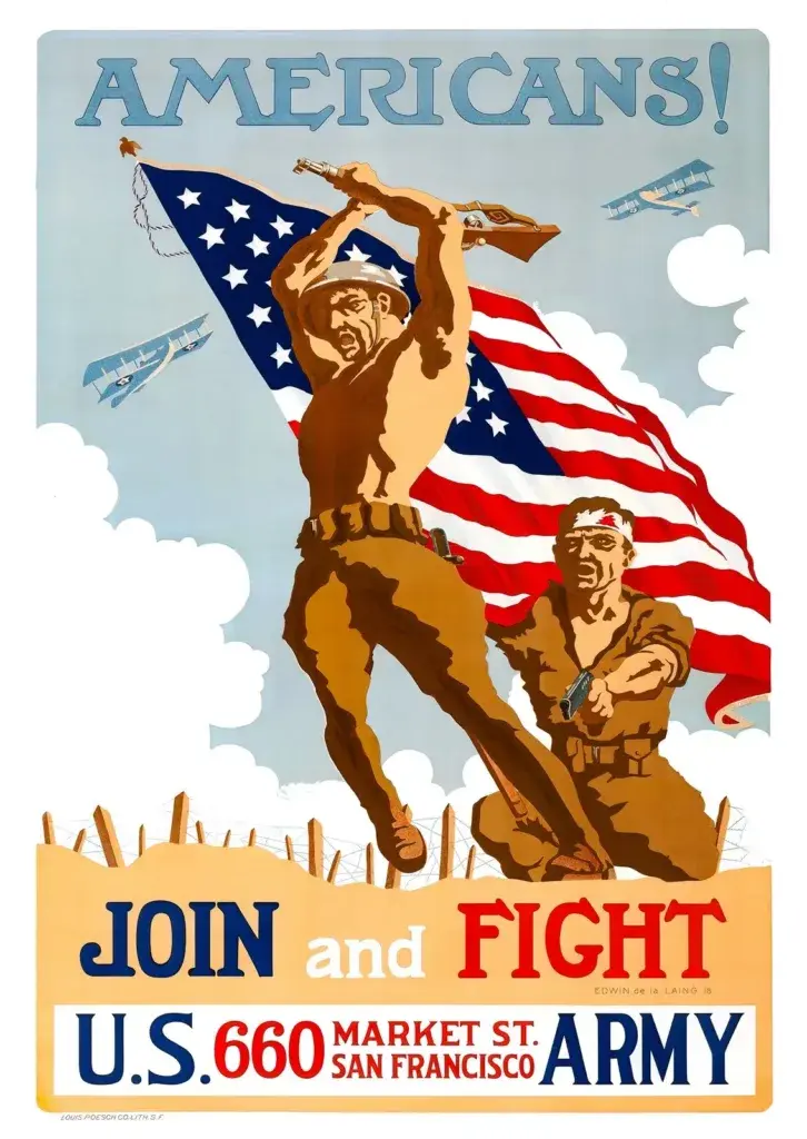Americans! Join and Fight (1918) WWI U.S. Army recruiting poster by Edwin de la Laing, restored