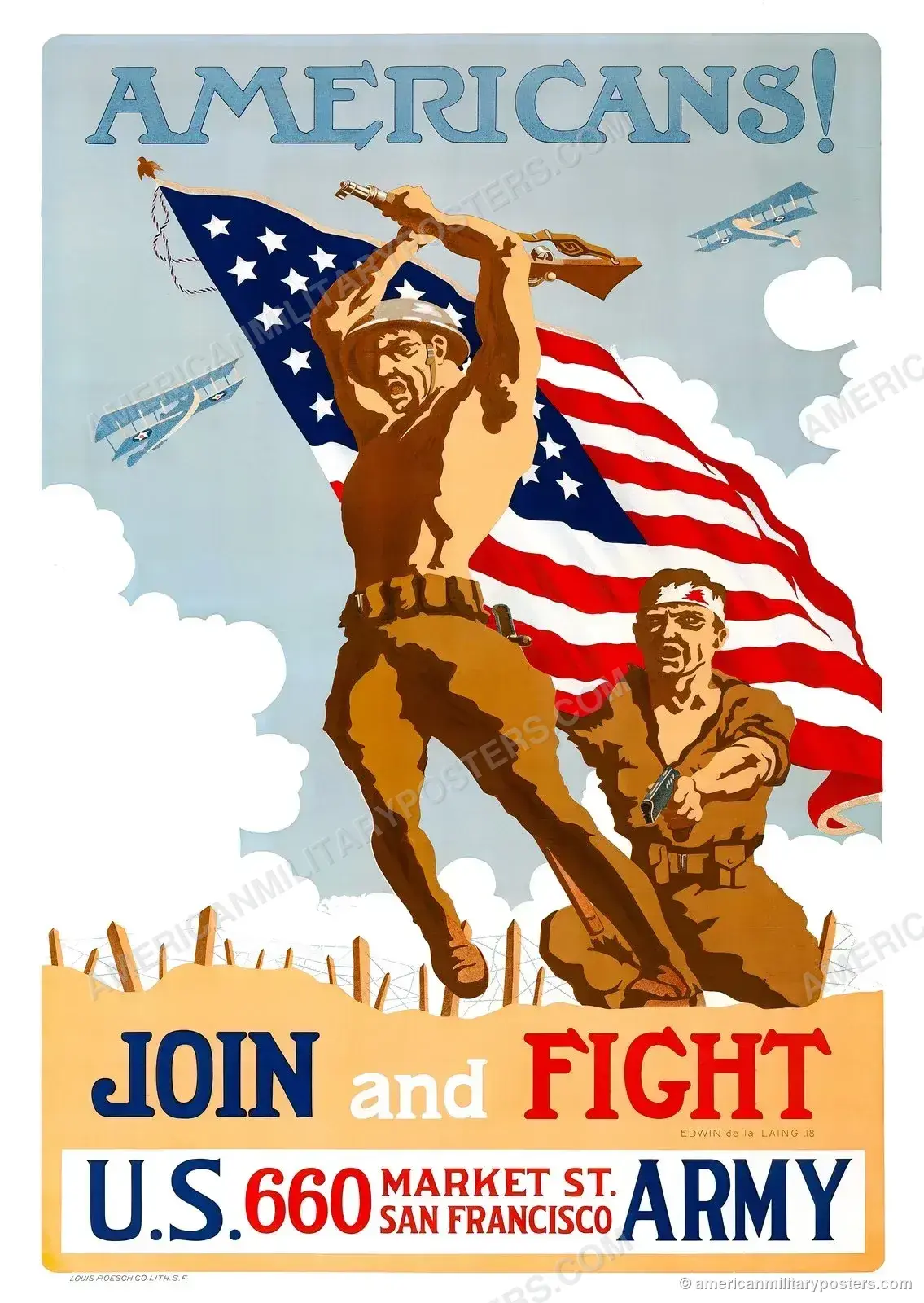 Americans! Join and Fight (1918) WWI U.S. Army recruiting poster by Edwin de la Laing, restored