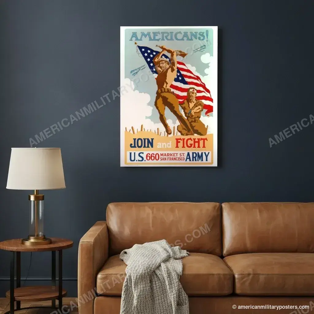 Americans! Join and Fight poster, unframed print on a navy living room wall above a leather sofa