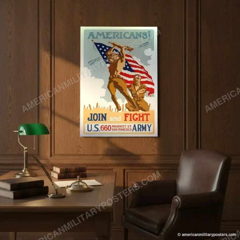 Americans! Join and Fight poster, unframed print on an oak-panelled study wall above a desk