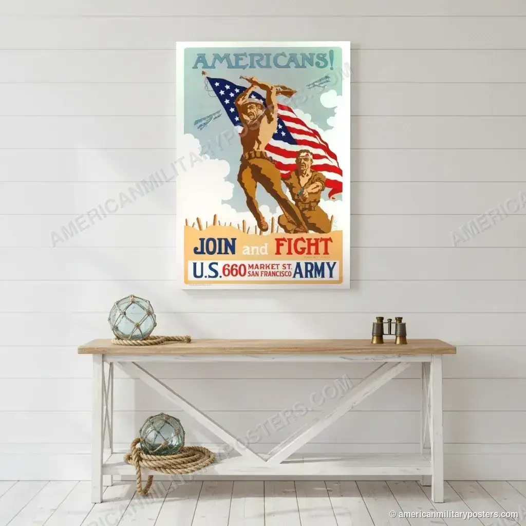 Americans! Join and Fight poster, unframed print on a white shiplap wall in a coastal hallway