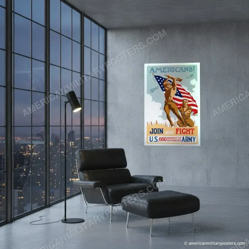 Americans! Join and Fight poster, unframed print on a concrete wall in a city loft