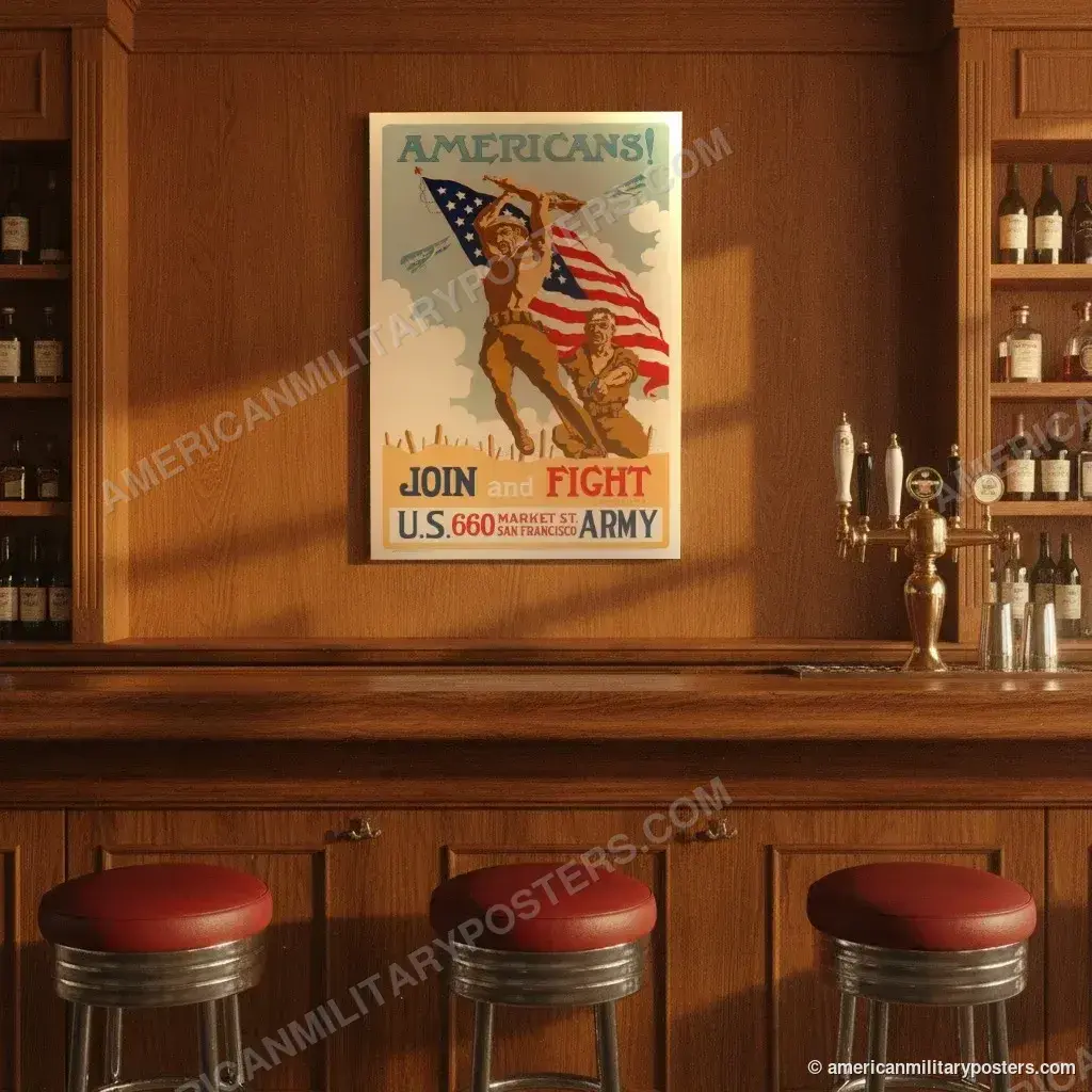Americans! Join and Fight poster, unframed print on the wall of a classic American bar