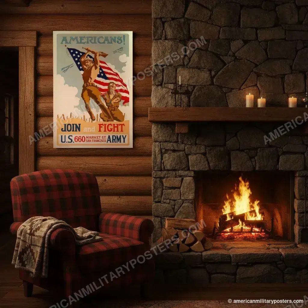 Americans! Join and Fight poster, unframed print on a log cabin wall beside a fireplace
