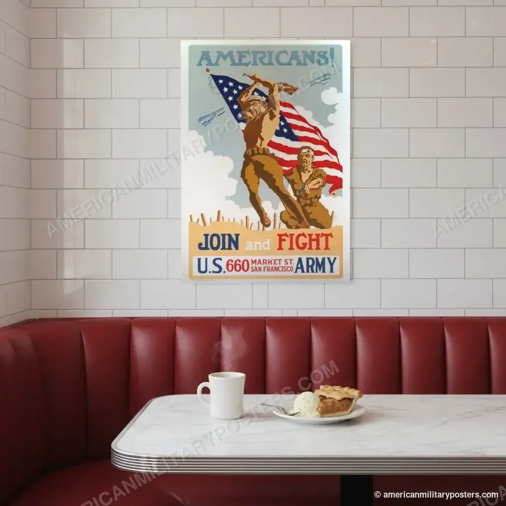 Americans! Join and Fight poster, unframed print on a tiled wall above a retro diner booth