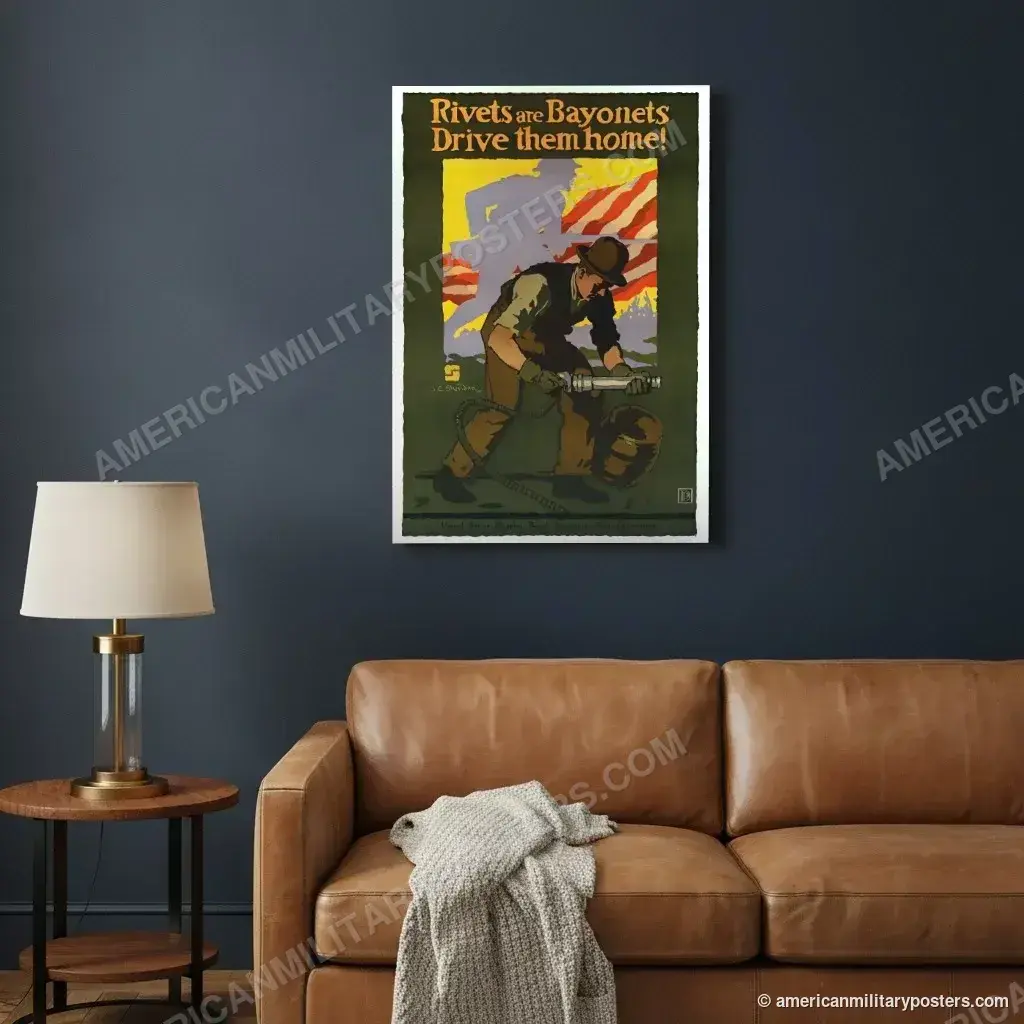 Rivets are Bayonets: Drive Them Home! poster, unframed print on a navy living room wall above a leather sofa