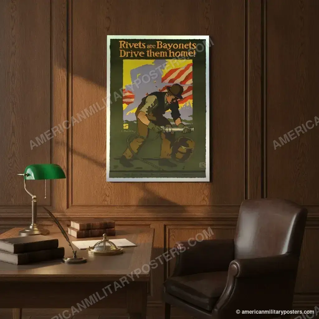 Rivets are Bayonets: Drive Them Home! poster, unframed print on an oak-panelled study wall above a desk