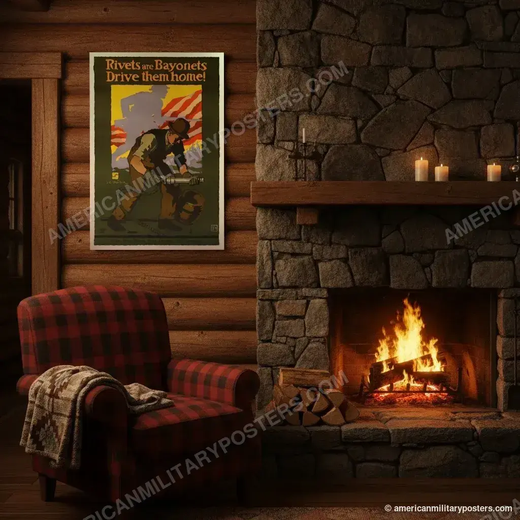 Rivets are Bayonets: Drive Them Home! poster, unframed print on a log cabin wall beside a fireplace