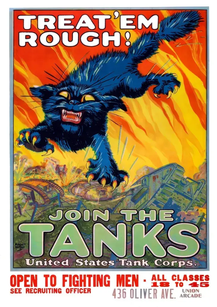 Treat ’Em Rough! Join the Tanks (1918) WWI U.S. Tank Corps recruiting poster by August William Hutaf, restored