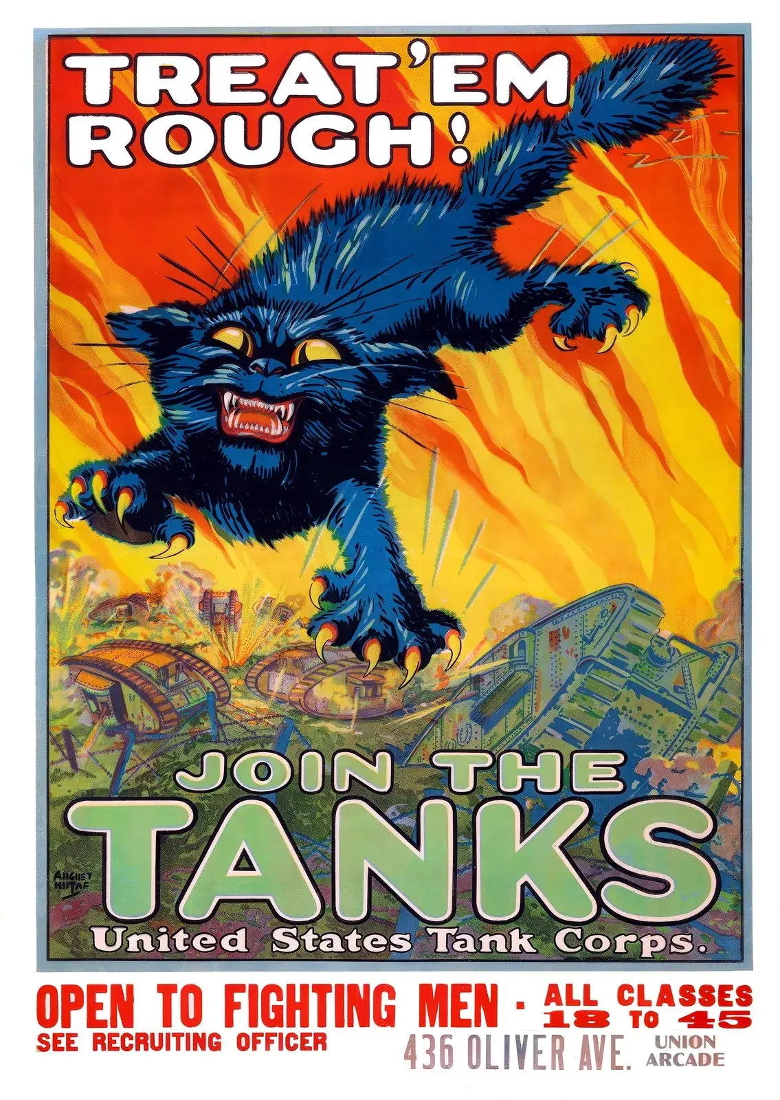 Treat ’Em Rough! Join the Tanks (1918) WWI U.S. Tank Corps recruiting poster by August William Hutaf, restored