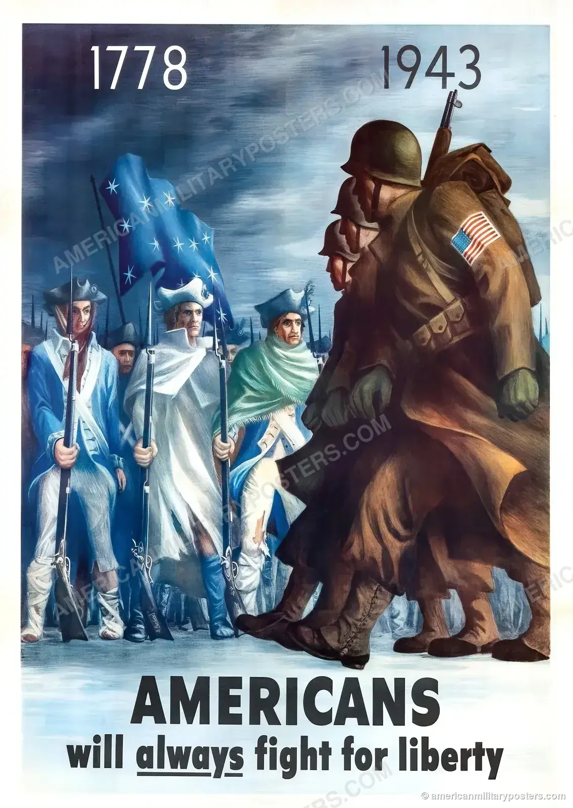 1778 1943 Americans Will Always Fight for Liberty WWII poster by Bernard Perlin, restored