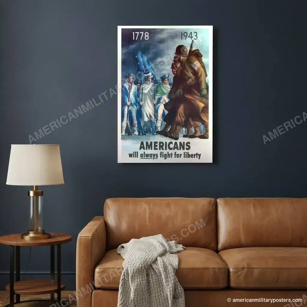 Americans Will Always Fight for Liberty poster, unframed print on a navy living room wall above a leather sofa