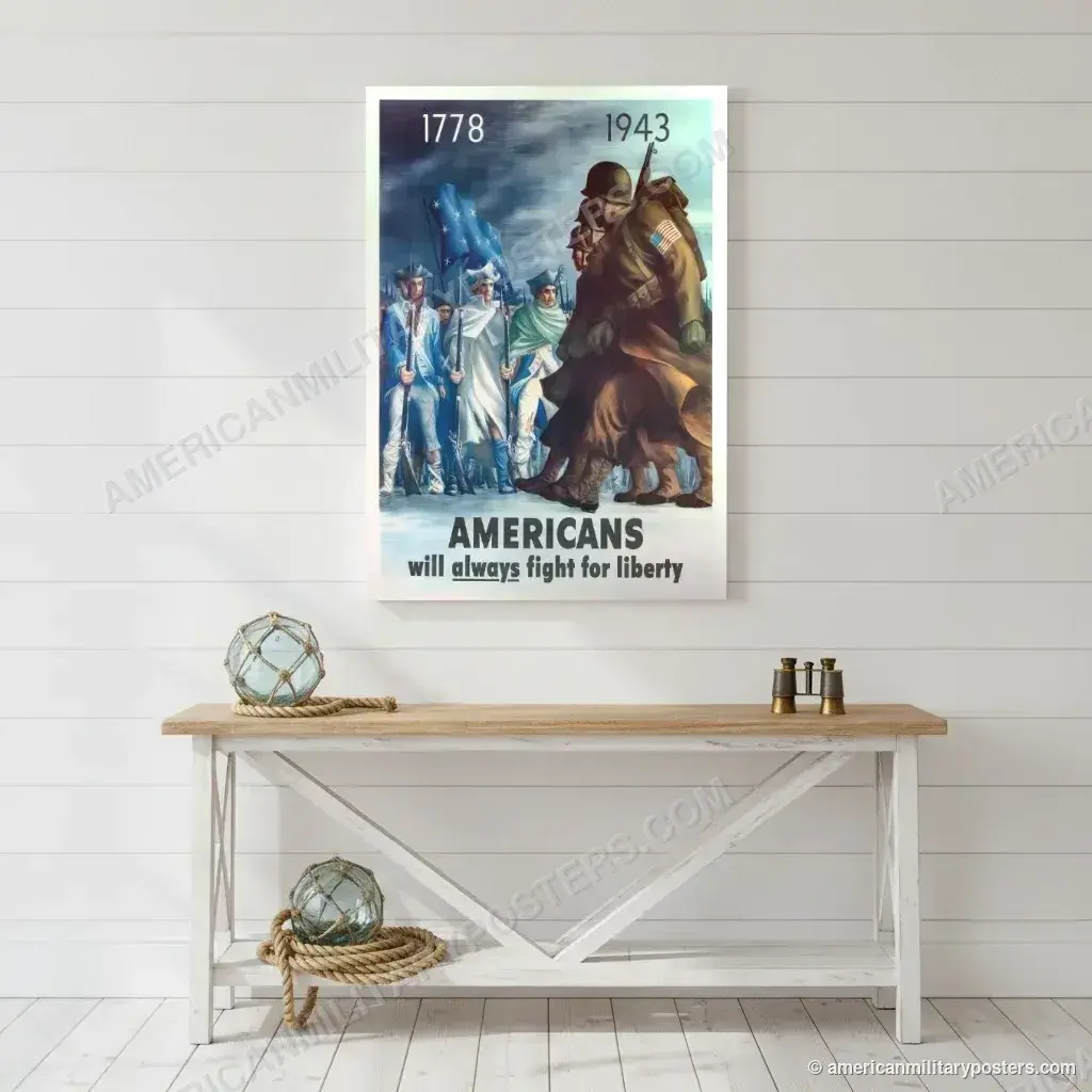 Americans Will Always Fight for Liberty poster, unframed print on a white shiplap wall in a coastal hallway